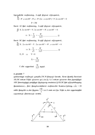 10
njhFjpapd; rkepiyf;F> A gw;wp jpUg;gk; vLg;gjdhy;>
- . cos 60 - . - (2 - cos 60 ) + P. 2 cos 60 = 0
W a W a W a a a
  
P = 3W
Nfhy; AC ,d; rkepiyf;F> A gw;wp jpUg;gk; vLg;gjdhy;>
X. 2 sin 60 + Y. 2 cos 60 + . cos 60 = 0
a a W a
  
Y
X + -
3 2 3
W
  .............................. 
Nfhy; BC ,d; rkepiyf;F> B gw;wp jpUg;gk; vLg;gjdhy;>
X . 2 sin 60 - Y . 2 cos 60 + . cos 60 = 0
a a W a
  
Y
X - -
3 2 3
W
  ................................ 
,  Y = 0
W
X = -
2 3
C apy; kWjhf;fk;
W
2 3
MFk;.
cjhuzk; 7
xt;nthd;Wk; rkePsKk; KiwNa 2W, W epiwAk; nfhz;l rPuhd ,uz;L Nfhy;fs;
AB, BC vd;gd B ,y; xg;gkhf %l;lg;gl;L A, C vd;gd xg;gkhd fpilj;jsj;jpYk;
ABC epiyf;Fj;Jj; jsj;jpYk; ,Uf;FkhW itf;fg;gl;LAB, BC ,d; eLg;Gs;spfSf;F
,izf;fg;gl;l ePsh ,ionahd;wpdhy; rkepiyapy; Ngzg;gl;Ls;sJ. A BC

= 2
vdpy; ,ioapy; cs;s ,Oit
3W
tan θ
2
vdf; fhl;Lf. B ,y; cs;s kWjhf;fj;jpd;
gUkidAk; jpiriaAk; fhz;f.
B

A


A
 