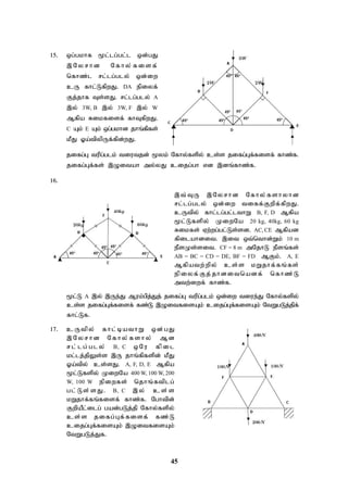 45
15. xg;gkhf %l;lg;gl;l xd;gJ
,Ny rhd Nfhy ;fisf;
nfhz;l rl;lg;gly; xd;iw
cU fhl;LfpwJ. DA epiyf;
Fj;jhf Ts;sJ. rl;lg;gly; A
,y; 3W, B ,y; 3W, F ,y; W
Mfpa Rikfisf; fhTfpwJ.
C Ak; E Ak; xg;gkhd jhq;fpfs;
kPJ Xa;tpypUf;fpd;wJ.
jifg;G tupg;glk; tiutjd; %yk; Nfhy;fspy; cs;s jifg;Gf;fisf; fhz;f.
jifg;Gf;fs; ,Oitah my;yJ cijg;gh vd ,dq;fhz;f.
16.
,t;TU ,Nyrhd Nfhy;fshyhd
rl;lg;gly; xd;iw tiff;Fwpf;fpwJ.
cUtpy; fhl;lg;gl;lthW B, F, D Mfpa
%l;Lfspy; KiwNa 20 kg, 40kg, 60 kg
Rikfs; Vw;wg;gl;Ls;sd. AC, CE Mfpad
fpilahdit. ,it xt;nthd;Wk; 10 m
ePsKs;sit. CF = 8 m mNjhL ePsq;fs;
AB = BC = CD = DE, BF = FD MFk;. A, E
Mfpatw;wpy; cs;s kWjhf;fq;fs;
epiyf;Fj;jhditnadf; nfhz;L
mtw;iwf; fhz;f.
%l;L A ,y; ,Ue;J Muk;gpj;Jj; jifg;G tupg;glk; xd;iw tiue;J Nfhy;fspy;
cs;s jifg;Gf;fisf; fz;L ,OitfisAk; cijg;Gf;fisAk; NtWgLj;jpf;
fhl;Lf.
17. cUtpy; fhl;bathW xd;gJ
,Nyrhd Nfhy;fshy; Md
rl;lg;gly ; B, C x Nu fpil
kl;lj;jpYs;s ,U jhq;fpfspd; kPJ
Xa;tpy; cs;sJ. A, F, D, E Mfpa
%l;Lfspy; KiwNa 400 W, 100 W, 200
W, 100 W epiwfs; njhq;ftplg;
gl;Ls;sJ. B, C ,y; cs;s
kWjhf;fq;fisf; fhz;f. Nghtpd;
FwpaPl;ilg; gad;gLj;jp Nfhy;fspy;
cs;s jifg;Gf;fisf; fz;L
cijg;Gf;fisAk; ,OitfisAk;
NtWgLj;Jf.
 