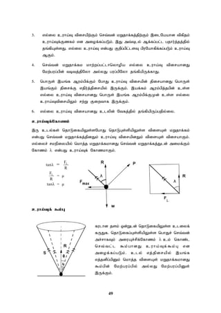 49
3. vy;iy cuha;T tpirapw;Fk; nrt;td; kWjhf;fj;jpw;Fk; ,ilNaahd tpfpjk;
cuha;Tf;Fzfk; vd miof;fg;gLk;. ,J mt;Tly; Mf;fg;gl;l gjhu;j;jj;jpy;
jq;fpAs;sJ. vy;iy cuha;T vd;gJ Fwpg;gpl;lsT gpuNahfpf;fg;gLk; cuha;T
MFk;.
4. nrt;td; kWjhf;fk khw;wg;gl;lhnyhopa vy;iy cuha;T tpirahdJ
Nkw;gug;gpd; tbtj;jpNyh my;yJ gug;gpNyh jq;fpapUf;fhJ.
5. nghUs; ,aq;f Muk;gpf;Fk; NghJ cuha;T tpirapd; jpirahdJ nghUs;
,aq;Fk; jpirf;F vjpu;j;jpirapy; ,Uf;Fk;. ,af;fk; Muk;gpj;jgpd; cs;s
vy;iy cuha;T tpirahdJ nghUs; ,aq;f Muk;gpf;FKd; cs;s vy;iy
cuha;TtpirapYk; rw;W Fiwthf ,Uf;Fk;.
6. vy;iy cuha;T tpirahdJ clypd; Ntfj;jpy; jq;fpapUg;gjpy;iy.
cuha;Tf;Nfhzk;
,U cly;fs; njhLifapYs;sNghJ njhLGs;spapYs;s tpisAs; kWjhf;fk;
vd;gJ nrt;td; kWjhf;fj;jpdJk; cuha;T tpirapdJk; tpisAs; tpirahFk;.
vy;iyr; rkepiyapy; nkhj;j kWjhf;fkhdJ nrt;td; kWjhf;fj;Jld; mikf;Fk;
Nfhzk;  vd;gJ cuha;Tf; NfhzkhFk;.
L
L
F
tanλ
R
F
= μ
R
tanλ = μ
=
cuha;Tf; $k;G
fulhd jsk; xd;Wld; njhLifapYs;s cliyf;
fUJf. njhLifg;Gs;spapYs;s nghJr; nrt;td;
mr;rhfTk; miuAr;rpf;Nfhzk; ck; nfhz;l
nrt;tl;l $k;ghdJ cuha;Tf;$k;G vd
miof;fg;gLk;. cly; vj;jpirapy; ,aq;f
vj;jdpg;gpDk; nkhj;j tpisAs; kWjhf;fkhdJ
$k;gpd; Nkw;gug;gpy; my;yJ Nkw;gug;gpDs;
,Uf;Fk;.
 