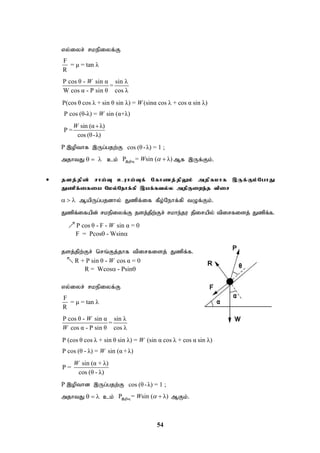 54
vy;iyr; rkepiyf;F
F
= μ = tan λ
R
P cos θ - sin α sin λ
=
W cos α - P sin θ cos λ
W
P(cos θ cos λ + sin θ sin λ) = (sinα cos λ + cos α sin λ)
W
P cos (θ-λ) = sin (α+λ)
W
sin (α λ)
P =
cos (θ-λ)
W 
P ,opthf ,Ug;gjw;F cos (θ-λ) = 1 ;
mjhtJ   ck; P = sin ( λ)
W  
,opT Mf ,Uf;Fk;.
 jsj;jpd; rha;T cuha;Tf; Nfhzj;jpYk; mjpfkhf ,Uf;Fk;NghJ
Jzpf;ifia Nky;Nehf;fp ,af;fty;y mjpFiwe;j tpir
 MapUg;gjdhy; Jzpf;if fPo;Nehf;fp tOf;Fk;.
Jzpf;ifapd; rkepiyf;F jsj;jpw;Fr; rkhe;ju jpirapy; tpirfisj; Jzpf;f.
P cos θ - F - sin α = 0
W

F = Pcos - Wsin
jsj;jpw;Fr; nrq;Fj;jhf tpirfisj; Jzpf;f.
R + P sin θ - cos α = 0
W

R = Wcos - Psin
vy;iyr; rkepiyf;F
F
= μ = tan λ
R
P cos θ - sin α sin λ
=
cos α - P sin θ cos λ
W
W
P (cos θ cos λ + sin θ sin λ) = (sin α cos λ + cos α sin λ)
W
P cos (θ - λ) = sin (α +λ)
W
sin (α + λ)
P =
cos (θ - λ)
W
P ,opthd ,Ug;gjw;F cos (θ-λ) = 1 ;
mjhtJ   ck; P = sin ( λ)
W  
,opT MFk;.
 
