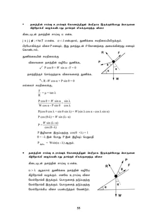 55
• jsj;jpd; rha;T cuha;Tf; Nfhzj;jpYk; ngupjhf ,Uf;Fk;NghJ nghUis
fPo;Nehf;fp tOf;ftplhJ jhq;Fk; kpff;Fiwe;j tpir
fpilAld; jsj;jpd; rha;T  vd;f.
j s j ;
j p
d ; r ha ;
T  vd;f.  vd;gjhy;> Jzpf;if rkepiyapypUf;Fk;.
gpuNahfpf;Fk; tpir P vdTk;> ,J jsj;Jld;  Nfhzj;ij mikf;fpd;wJ vdTk;
nfhz;lhy;>
Jzpf;ifapd; rkepiyf;F
tpirfis jsj;jpd; topNa Jzpf;f>
P cos θ + sin α - F = 0
W

jsj;jpw;Fr; nrq;Fj;jhf tpirfisj; Jzpf;f.
R - cos α + P sin θ = 0
W

vy;iyr; rkepiyf;F>
F
= μ = tan λ
R
P cos θ + sin α sin λ
=
W cos α - P sin θ cos λ
W
P(cos θ cos λ + sin θ sin λ) = (sin λ cos α - cos λ sin α)
W
P cos (θ-λ) = sin (λ- α)
W
sin (λ-α)
P =
cos (θ-λ)
W
P ,opthd ,Ug;gjw;F cos( +) = 1
=,d; NghJ P ,d; ,opTg; ngWkjp
P ,opT
= Wsin( - MFk;.
 jsj;jpd; rha;T cuha;Tf; Nfhzj;jpYk; ngupjhf ,Uf;Fk;NghJ nghUis
fPo;Nehf;fp tOf;ftplhJ jhq;Fk; kpff;Fiwe;j tpir
fpilAld; jsj;jpd; rha;T vd;f.
 Mjyhy; Jzpf;if jsj;jpd; topNa
fPo;Nehf;fp tOf;Fk;. vdNt cuha;T tpir
Nky;Nehf;fp ,Uf;Fk;. nghUisj; jLg;gjw;F
Nky;Nehf;fp ,Uf;Fk;. nghUisj; jLg;gjw;F
Nky;Nehf;fpa tpir gad;gLj;jy; Ntz;Lk;.
 
