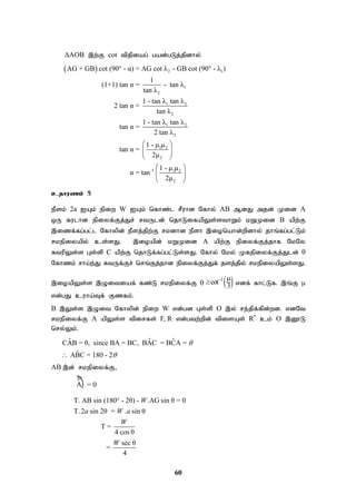 60
AOB ,w;F cot tpjpiag; gad;gLj;jpdhy;
cjhuzk; 5
ePsk; 2a IAk; epiw W IAk; nfhz;l rPuhd Nfhy; AB MdJ mjd; Kid A
xU fulhd epiyf;Fj;Jr; rtUld; njhLifapYs;sthWk; kWKid B apw;F
,izf;fg;gl;l Nfhypd; ePsj;jpw;F rkdhd ePsh ,ionahd;wpdhy; jhq;fg;gl;Lk;
rkepiyapy; cs;sJ. ,ioapd; kWKid A apw;F epiyf;Fj;jhf NkNy
RtupYs;s Gs;sp C apw;F njhLf;fg;gl;Ls;sJ. Nfhy; Nky; Kfepiyf;Fj;Jld; 
Nfhzk; rha;e;J RtUf;Fr; nrq;Fj;jhd epiyf;Fj;Jf; jsj;jpy; rkepiyapYs;sJ.
,ioapYs;s ,Oitiaf; fz;L rkepiyf;F   
1
cot
3
 
 vdf; fhl;Lf. ,q;F 
vd;gJ cuha;Tf; Fzfk;.
B ,Ys;s ,Oit Nfhypd; epiw W vd;gd Gs;sp O ,y; re;jpf;fpd;wd. vdNt
rkepiyf;F A apYs;s tpirfs; F, R vd;gtw;wpd; tpisAs; R ck; O ,D}L
nry;Yk;.
ˆ ˆ ˆ
CAB = θ, since BA = BC, BAC = BCA =
ˆ
ABC = 180 - 2



AB ,d; rkepiyf;F>
= 0
T. AB sin (180 - 2θ) - .AG sin θ = 0
T.2 sin 2θ = . sin θ
T =
4 cos θ
sec θ
=
4
W
a W a
W
W

  2 1
1
2
1 2
2
1 2
2
1 2
2
-1 1 2
2
AG + GB cot (90 - α) = AG cot λ - GB cot (90 - λ )
1
(1+1) tan α = - tan λ
tan λ
1 - tan λ tan λ
2 tan α =
tan λ
1 - tan λ tan λ
tan α =
2 tan λ
1 - μ μ
tan α =
2μ
1 - μ μ
α = tan
2μ
 
 
 
 
 
 
 
A

 
