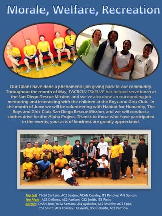 Our Talons have done a phenomenal job giving back to our community.
Throughout the month of May, TACRON TWELVE has helped serve lunch at
the San Diego Rescue Mission, and we’ve also done an outstanding job
mentoring and interacting with the children at the Boys and Girls Club. In
the month of June we will be volunteering with Habitat for Humanity, The
Boys and Girls Club, San Diego Rescue Mission, and we will conduct a
clothes drive for the Alpha Project. Thanks to those who have participated
in the events, your acts of kindness are greatly appreciated.
Top Left: YNSA Santana, AC2 Seaton, ACAN Coakley, IT2 Pendley, AN Duncan
Top Right: AC3 Dellorso, AC2 Partlow, CS2 Smith, IT3 Wells
Bottom: OSSN Tran, YNSA Santana, AN Ayalarios, AC2 Murphy, AC3 Epps,
CS2 Smith, AC3 Coakley, IT3 Wells, OS3 Colasito, AC2 Partlow
 