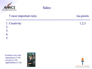 Sales:

    5 most important rules                                            ina-points
 ----------------------------------------------------------------------------------
 1. Creativity                                                           1,2,3
 2.
 3.
 4.
 5.




Evaluate every rule:
-importance (1-10)
-novelty (1-10)
-applicability (1-10)
 