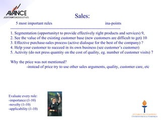 Sales:
     5 most important rules                                             ina-points
 ----------------------------------------------------------------------------------
 1. Segmentation (opportunityt to provide effectively right products and services) 9,
 2. See the value of the existing customer base (new customers are difficult to get) 10
 3. Effective purchase-sales process (active dialoque for the best of the company) ?
 4. Help your customer to succeed in its own business (see customer’s customer)
 5. Activity (do not press quantity on the cost of quality, eg. number of customer visits) 7

 Why the price was not mentioned?
          -instead of price try to use other sales arguments, quality, customer care, etc




Evaluate every rule:
-importance (1-10)
-novelty (1-10)
-applicability (1-10)
 