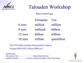 Talouden Workshop
                                        Basic numerology

                                       European              Usa
                6 zero                 million               million
                9 zero                 milliard              billion
                12 zero                billion               trillion
                18 zero                trillion              quintillion
     The $787 billion stimulus bill passed by Congress
     Finland GDP $195.2 billion (2008 est.)

Numerology:
The study of the purported mystical relationship between
numbers and the character or action of physical objects and living things
 