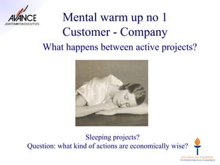 Mental warm up no 1
           Customer - Company
     What happens between active projects?




                   Sleeping projects?
Question: what kind of actions are economically wise?
 