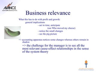 Business relevance
What this has to do with profit and growth:
      general implications
                    - act in time, anticipate
                                (see Who moved my cheese)
                    - notice the small changes
                    - see the pig picture

=> accounting apparatus notices some changes whereas others remain in
   shadow
   => the challenge for the manager is to see all the
   most relevant cause-effect relationships in the sense
   of the system theory
 
