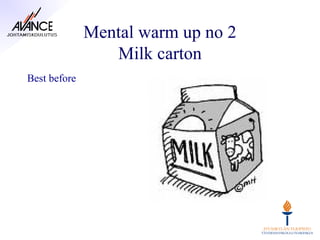 Mental warm up no 2
                 Milk carton
Best before
 