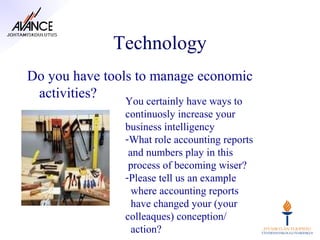 Technology
Do you have tools to manage economic
 activities?    You certainly have ways to
                  continuosly increase your
                  business intelligency
                  -What role accounting reports
                   and numbers play in this
                   process of becoming wiser?
                  -Please tell us an example
                    where accounting reports
                    have changed your (your
                  colleaques) conception/
                    action?
 