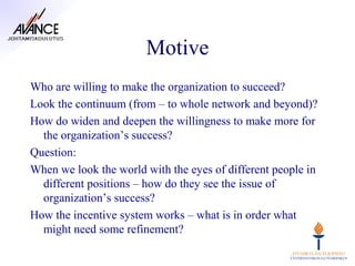 Motive
Who are willing to make the organization to succeed?
Look the continuum (from – to whole network and beyond)?
How do widen and deepen the willingness to make more for
  the organization’s success?
Question:
When we look the world with the eyes of different people in
  different positions – how do they see the issue of
  organization’s success?
How the incentive system works – what is in order what
  might need some refinement?
 