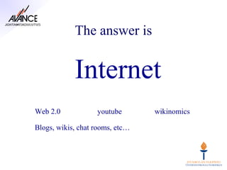 The answer is


            Internet
Web 2.0            youtube       wikinomics

Blogs, wikis, chat rooms, etc…
 
