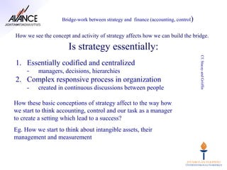 Bridge-work between strategy and finance (accounting, control)


How we see the concept and activity of strategy affects how we can build the bridge.

                       Is strategy essentially:




                                                                                     Cf. Stacay and Griiffin
1. Essentially codified and centralized
     -   managers, decisions, hierarchies
2. Complex responsive process in organization
     -   created in continuous discussions between people

How these basic conceptions of strategy affect to the way how
we start to think accounting, control and our task as a manager
to create a setting which lead to a success?
Eg. How we start to think about intangible assets, their
management and measurement
 