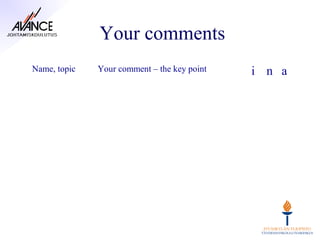 Your comments
Name, topic   Your comment – the key point   i n a
 