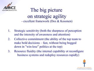 The big picture
               on strategic agility
          - excellent framework (Doz & Kosonen)


1.   Strategic sensitivity (both the sharpness of perception
     and the intensity of awareness and attention)
2.   Collective commitment (the ability of the top team to
     make bold decisions – fast, without being bogged
     down in ”win-lose” politics at the top)
3.   Resource fluidity (the internal capability ot reconfigure
       business systems and redeploy resources rapidly)
 