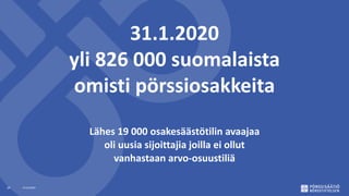31.1.2020
yli 826 000 suomalaista
omisti pörssiosakkeita
Lähes 19 000 osakesäästötilin avaajaa
oli uusia sijoittajia joill...