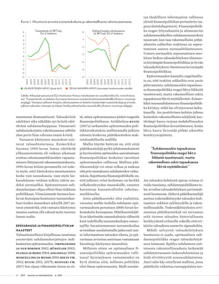 10 T&Y talous ja yhteiskunta 4 | 2017
muuttunut dramaattisesti. Talouskriisiä
edeltänyt aika nähdään nyt kriisiä edel-
tävänä suhdannehuippuna. Vastaavasti
suhdannekorjattu rahoitusasema nähtiin
alun perin liian vahvana ennen kriisiä.
Vastaavat käsitysten muutokset tois-
tuvat taloushistoriassa. Esimerkiksi
Suo­men 1990-luvun lamaa edeltävää
yli­kuumenemista oli vaikeaa aikanaan
erottaa rahoitusmarkkinoiden vapautu-
miseen liittyneestä rakennemuutoksesta.
1990-luvun kriisin perusteella voi tode-
ta myös, ettei käsityksien muuttuminen
koske vain nousukausia, vaan myös las-
kusuhdanne voidaan tulkita väärin uu-
deksi normaaliksi. Epäonnistunut suh-
dannekorjaus ohjaa silloin liian tiukkaan
politiikkaan. Viimeisimmät Suomea kos-
kevat Euroopan komission tuotantokui-
luarvioiden muutokset syksyllä 2017 an-
tavat ymmärtää, että vastaava käsitysten
muutos saattaa olla edessä myös tuoreen
laman osalta.
EPÄVARMUUS JA FINANSSIPOLITIIKAN
HAASTEET
Taloustieteellinen kirjallisuus tunnistaa
enenevästi suhdannekorjattujen indi-
kaattorien epävarmuuden. (Orphanides
ja van Norden 2002; Rünstler 2002;
Planas ja Rossi 2004; Golinelli 2008;
Marcellino ja Musso 2010; Bouis ym.
2012; Kuusi 2015, 2017b; Huovari ym.
2017) Sen sijaan vähemmän tietoa on sii-
tä, miten epävarmuuteen pitäisi reagoida
finanssipolitiikassa. Artikkelissa Kuusi
(2017a) tarkastelen epävarmuuden poli-
tiikkavaikutuksia mallintamalla julkista
taloutta koskevaa päätöksentekoa mak-
rotaloudellisella mallilla.
Mallin käytön hyötynä on, että siinä
päätöksentekijä pyrkii johdonmukaisesti
ja hyvinvointia optimoiden saavuttamaan
finanssipolitiikan keskeiset tavoitteet
epävarmuuden vallitessa. Mallissa pää-
töksentekijä voi ottaa velkaa ja maksaa
sitä pois tasatakseen suhdanteiden vaiku-
tuksia. Rajoitteena finanssipolitiikalle on,
että julkisen velan korkotaso on herkkä
velkakestävyyden muutoksille, vastaten
havaintoja kansainvälisiltä rahoitus-
markkinoilta.
Jotta päätöksenteko olisi realistista,
varustan mallin tiedolla suhdanne-epä-
varmuudesta perustuen 2000-luvun ko-
kemuksiin Euroopassa. Päätöksentekijäl-
lä on käytössään samankaltaisia välineitä
kuin todellisilla tuotantokuilujen ennus-
tajilla: havaitsematonta tuotantokuilua
arvioidaan suodattamalla jatkuvasti uut-
ta informaatiota talouden tilasta, ja epä-
varmuus arvioissa asetetaan vastaamaan
havaittuja käsitysten muutoksia.
Millaista sitten on optimaalinen fi-
nanssipolitiikka epävarmuuden valli-
tessa? Kysymykseen vastaamiseksi on
hyvä aloittaa siitä, millaista politiikka
olisi ilman epävarmuutta. Malli noudat-
taa täydellisen informaation vallitessa
yleisiä finanssipolitiikan periaatteita (ns.
pysyväistulohypoteesi). Finanssipolitiik-
ka reagoi lyhytaikaisiin ja ohimeneviin
suhdannesokkeihin suhdannemuutoksia
tasaavasti, kun taas rakenteellisiin, pitkä-
aikaisiin sokkeihin reaktiona on sopeu-
tuminen uuteen normaalitilanteeseen.
Uuteen normaaliin sopeutuminen mer-
kitsee heikon talouskehityksen tilantees-
sa kireämpää finanssipolitiikkaa ja hyvän
talouskehityksen tilanteessa kevyempää
finanssipolitiikkaa.
Epävarmuuden kannalta ongelmallis-
ta on, että reaktiot sokkeihin ovat usein
päinvastaisia: suhdannesokin tapaukses-
sa finanssipolitiikka reagoi bkt:n liikkeitä
tasoittavasti, mutta rakenteellisen sokin
tapauksessa bkt:tä myötäilevästi. Esimer-
kiksi noususuhdanteessa finanssipolitiik-
ka kiristyy, mikä luo elvytysvaraa lasku-
kausille. Jos positiivinen kehitys johtuu
kuitenkin rakenteellisista tekijöistä, kes-
tävämpi kasvu tarjoaa mahdollisuuden
finanssipolitiikan keventämiseen, koska
bkt:n kasvu lieventää pitkän aikavälin
kestävyysrajoitetta.
”Suhdannesokin tapauksessa
finanssipolitiikka reagoi bkt:n
liikkeitä tasoittavasti, mutta
rakenteellisen sokin tapauksessa
bkt:tä myötäilevästi.”
Jos talouden kehitystä ajavaa voimaa ei
voida tunnistaa, suhdannepolitiikasta tu-
lee arvailua talouskehityksen perimmäi-
sestä luonteesta. Järkevä päätöksentekijä
asettaa todennäköisyydet talouden koh-
taamien sokkien syklisyydelle ja raken-
teellisuudelle. Todennäköisyyksien arvi-
oinnissa päätöksentekijä voi turvautua
sekä tietoon talouden historiallisesta
herkkyydestä erilaisille sokeille että eri-
laisiin taloudesta saataviin signaaleihin.
Mikäli selvyyttä talouskehityksen
luonteesta ei saada, optimaalinen suh-
dannepolitiikka reagoi talouskehityk-
seen laimeasti. Epäilys suhdanteen osit-
taisesta rakenteellisuudesta heikentää
suhdannetasausta laskusuhdanteissa ja
lisää elvyttävyyttä noususuhdanteissa.
Juuri näin käy esitellyssä mallissa, jossa
päätöksiin vaikuttaa eurooppalaisia tuo-
Kuvio 1. Muuttuvia arvioita tuotantokuilusta ja rakenteellisesta rahoitusasemasta.
Lähde: Aikasarjat perustuvat EU:n komission Ameco-tietokannan eri vuosikertoihin (ks. www.firstrun.
eu). Tuotantokuilu on laskettu Euroopan komission tuotantofunktiomenetelmällä (Ameco-muuttuja
avgdgp). Vastaava syklisesti korjattu rahoitusasema on laskettu hyödyntäen tuotantokuiluja ja arvioita
julkisen talouden menojen ja tulojen herkkyydestä kuilun muutoksille (Ameco-muuttuja ublgap).
-5
-4
-3
-2
-1
0
1
2
3
4
5
6
2002
2003
2004
2005
2006
2007
2008
2009
2010
2011
2012
2013
2014
JÄLKIKÄTEINEN ARVIO (kevät 2017) REAALIAIKAINEN ARVIO (ennustettu havaintovuoden syksyllä)
-6
-5
-4
-3
-2
-1
0
2002
2003
2004
2005
2006
2007
2008
2009
2010
2011
2012
2013
2014
Tuotantokuilu (% BKT:sta),
EU-27 keskiarvo
Syklisesti korjattu rahoitusasema
(% BKT:sta), EU-27 keskiarvo
 