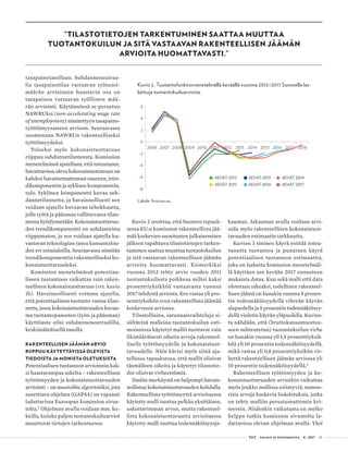  T&Y talous ja yhteiskunta 4 | 2017 23
tasapainotasollaan. Suhdanneneutraa-
lia tasapainotilaa vastaavan työtunti-
määrän arvioinnin haastavin osa on
tasapainoa vastaavan työllisten mää-
rän arviointi. Käytännössä se perustuu
NAWRUksi (non-accelerating wage rate
of unemployment) nimitettyyn tasapaino-
työttömyysasteen arvioon. Seuraavassa
suomennan NAWRUn rakenteelliseksi
työttömyydeksi.
Toiseksi myös kokonaistuottavuus
riippuu suhdannetilanteesta. Komission
menetelmässä ajatellaan, että toteutunut,
havaittavissa oleva kokonaistuottavuus on
kahden havaitsemattoman suureen, tren-
dikomponentin ja syklisen komponentin,
tulo. Syklinen komponentti kuvaa suh-
dannetilannetta, ja havainnollisesti sen
voidaan ajatella kuvaavan tehokkuutta,
jolla työtä ja pääomaa vallitsevassa tilan-
teessa hyödynnetään. Kokonaistuottavuu-
den trendikomponentti on suhdanteista
riippumaton, ja sen voidaan ajatella ku-
vastavan teknologian tasoa kansantalou-
den eri toimialoilla. Seuraavassa nimitän
trendikomponenttia rakenteelliseksi ko-
konaistuottavuudeksi.
Komission menetelmässä potentiaa-
liseen tuotantoon vaikuttaa vain raken-
teellinen kokonaistuottavuus (vrt. kuvio
1b). Havainnollisesti voimme ajatella,
että potentiaalinen tuotanto vastaa tilan-
netta, jossa kokonaistuottavuuden kuvaa-
ma tuotantopanosten (työn ja pääoman)
käyttöaste olisi suhdanneneutraalilla,
keskimääräisellä tasolla.
RAKENTEELLISEN JÄÄMÄN ARVIO
RIIPPUU KÄYTETTÄVISSÄ OLEVISTA
TIEDOISTA JA MONISTA OLETUKSISTA
Potentiaalisen tuotannon arvioinnin kak-
si haastavampaa askelta – rakenteellisen
työttömyyden ja kokonaistuottavuuden
arviointi – on muotoiltu algoritmiksi, jota
suorittava ohjelma (GAP44) on vapaasti
ladattavissa Euroopan komission sivus-
tolta.5
Ohjelman avulla voidaan mm. ko-
keilla, kuinka paljon tuotantokuiluarviot
muuttuvat tietojen tarkentuessa.
Kuvio 2. Tuotantofunktiomenetelmällä keväällä vuosina 2012–2017 Suomelle las-
kettuja tuotantokuiluarvioita.
-8
-6
-4
-2
0
2
4
6
2006 2007 2008 2009 2010 2011 2012 2013 2014 2015 2016 2017 2018
KEVÄT 2012 KEVÄT 2013 KEVÄT 2014
KEVÄT 2015 KEVÄT 2016 KEVÄT 2017
Lähde: firstrun.eu
Kuvio 2 osoittaa, että Suomen tapauk-
sessa EU:n komission rakenteellista jää-
mää koskevien suositusten julkaisemisen
jälkeen tapahtuva tilastotietojen tarken-
tuminen saattaa muuttaa tuotantokuilun
ja sitä vastaavan rakenteellisen jäämän
arvioita huomattavasti. Esimerkiksi
vuonna 2012 tehty arvio vuoden 2011
tuotantokuilusta poikkeaa miltei kaksi
prosenttiyksikköä vastaavasta vuonna
2017 tehdystä arviosta. Ero vastaa yli pro-
senttiyksikön eroa rakenteellista jäämää
koskevassa arviossa.
Tilastollisina, satunnaisvaihteluja si-
sältävinä malleina tuotantokuilun esti-
moinnissa käytetyt mallit tuottavat vain
likimääräisesti oikeita arvoja rakenteel-
liselle työttömyydelle ja kokonaistuot-
tavuudelle. Näin kävisi myös siinä aja-
tellussa tapauksessa, että mallit olisivat
täsmälleen oikeita ja käytetyt tilastotie-
dot olisivat virheettömiä.
Ilmiön merkitystä on helpompi havain-
nollistaa kokonaistuottavuuden kohdalla.
Rakenteellista työttömyyttä arvioitaessa
käytetty malli tuottaa pelkän yksittäisen,
uskottavimman arvon, mutta rakenteel-
lista kokonaistuottavuutta arvioitaessa
käytetty malli tuottaa todennäköisyysja-
kauman. Jakauman avulla voidaan arvi-
oida myös rakenteellisen kokonaistuot-
tavuuden estimaatin tarkkuutta.
Kuvion 3 sininen käyrä esittää toteu-
tunutta tuotantoa ja punainen käyrä
potentiaalisen tuotannon estimaattia,
joka on laskettu komission menetelmäl-
lä käyttäen sen kevään 2017 ennusteen
mukaista dataa. Kun sekä malli että data
oletetaan oikeaksi, todellinen rakenteel-
linen jäämä on kunakin vuonna 5 prosen-
tin todennäköisyydellä vihreän käyrän
alapuolella ja 5 prosentin todennäköisyy-
dellä violetin käyrän yläpuolella. Kuvios-
ta nähdään, että (bruttokansantuottee-
seen suhteutetun) tuotantokuilun virhe
on kunakin vuonna yli 1,5 prosenttiyksik-
köä yli 10 prosentin todennäköisyydellä,
mikä vastaa yli 0,8 prosenttiyksikön vir-
hettä rakenteellisen jäämän arviossa yli
10 prosentin todennäköisyydellä.6
Rakenteellisen työttömyyden ja ko-
konaistuottavuuden arvioihin vaikuttaa
myös joukko mallissa esiintyviä, numee-
risia arvoja koskevia lisäoletuksia, jotka
on tehty malliin perustumattomin kri-
teerein. Niidenkin vaikutusta on melko
helppo tutkia komission sivustolta la-
dattavissa olevan ohjelman avulla. Yksi
”TILASTOTIETOJEN TARKENTUMINEN SAATTAA MUUTTAA
TUOTANTOKUILUN JA SITÄ VASTAAVAN RAKENTEELLISEN JÄÄMÄN
ARVIOITA HUOMATTAVASTI.”
 