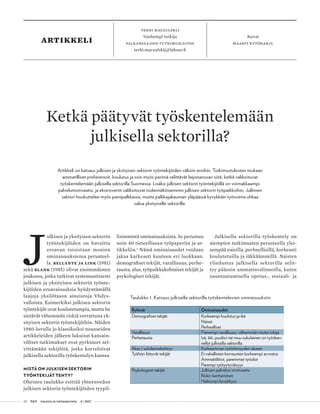 28 T&Y talous ja yhteiskunta 4 | 2017
artikkeli Kuvat
maarit kytöharju
terhi maczulskij
Vanhempi tutkija
palkansaajien tutkimuslaitos
terhi.maczulskij@labour.fi
J
ulkisen ja yksityisen sektorin
työntekijöiden on havaittu
eroavan toisistaan monien
ominaisuuksiensa perusteel-
la. Bellante ja Link (1981)
sekä Blank (1985) olivat ensimmäisten
joukossa, jotka tutkivat systemaattisesti
julkisen ja yksityisen sektorin työnte-
kijöiden eroavaisuuksia hyödyntämällä
laajoja yksilötason aineistoja Yhdys-
valloista. Esimerkiksi julkisen sektorin
työntekijät ovat koulutetumpia, mutta he
sietävät vähemmän riskiä verrattuna yk-
sityisen sektorin työntekijöihin. Näiden
1980-luvulla jo klassikoiksi nousseiden
artikkeleiden jälkeen lukuisat kansain-
väliset tutkimukset ovat pyrkineet sel-
vittämään tekijöitä, jotka korreloivat
julkisella sektorilla työskentelyn kanssa.
MISTÄ ON JULKISEN SEKTORIN
TYÖNTEKIJÄT TEHTY?
Oheinen taulukko esittää yhteenvedon
julkisen sektorin työntekijöiden tyypil-
lisimmistä ominaisuuksista. Se perustuu
noin 40 tieteelliseen työpaperiin ja ar-
tikkeliin.1
Nämä ominaisuudet voidaan
jakaa karkeasti kuuteen eri luokkaan:
demografiset tekijät, varallisuus, perhe-
tausta, alue, työpaikkakohtaiset tekijät ja
psykologiset tekijät.
Julkisella sektorilla työskentely on
aiempien tutkimusten perusteella ylei-
sempää naisilla, perheellisillä, korkeasti
koulutetuilla ja iäkkäämmillä. Naisten
yliedustus julkisella sektorilla selit-
tyy pääosin ammatinvalinnoilla, kuten
suuntautumisella opetus-, sosiaali- ja
Ketkä päätyvät työskentelemään
julkisella sektorilla?
Artikkeli on katsaus julkisen ja yksityisen sektorin työntekijöiden välisiin eroihin. Tutkimustulosten mukaan
ammatilliset preferenssit, koulutus ja osin myös perimä selittävät leijonanosan siitä, ketkä valikoituvat
työskentelemään julkisella sektorilla Suomessa. Lisäksi julkisen sektorin työntekijöillä on voimakkaampi
palvelumotivaatio, ja ekstrovertit valikoituvat todennäköisemmin julkisen sektorin työpaikkoihin. Julkinen
sektori houkuttelee myös pienipalkkaisia, mutta palkkajakauman yläpäässä kyvykkäin työvoima uhkaa
valua yksityiselle sektorille.
Taulukko 1. Katsaus julkisella sektorilla työskentelevien ominaisuuksiin.
Ryhmä Ominaisuudet
Demografiset tekijät Korkeampi koulutus ja ikä
Naiset
Perheelliset
Varallisuus Pienempi varallisuus, vähemmän muita tuloja
Perhetausta Isä, äiti, puoliso tai muu sukulainen on työsken-
nellyt julkisella sektorilla
Alue / suhdannekehitys Korkeamman työttömyyden alueet
Työhön liittyvät tekijät Ei-rahallisten korvausten korkeampi arvostus
Ammattiliitot, paremmat työolot
Parempi työtyytyväisyys
Psykologiset tekijät Julkisen palvelun motivaatio
Riskin karttaminen
Heikompi kyvykkyys
 