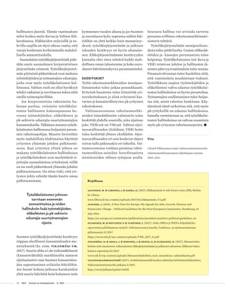 44 T&Y talous ja yhteiskunta 4 | 2017
hallitusten jäseniä. Tämän vaatimuksen
tulisi koskea myös Kevaa ja Valtion Elä-
kerahastoa. Eläkkeiden nykyisillä ja tu-
levilla saajilla on täysi oikeus vaatia, että
varoja hoidetaan korkeimmalla mahdol-
lisella ammattitaidolla.
Suomalaista työeläkejärjestelmää pide-
tään usein suomalaisen korporatistisen
järjestelmän ytimenä. Työeläkejärjestel-
män piirteistä päätettäessä ovat mukana
työntekijöiden ja työnantajien edustajat,
jotka ovat myös työeläkelaitosten hal-
linnossa. Valtion rooli on ollut hyväksyä
tehdyt ratkaisut ja tarvittaessa tukea niitä
omilla toimenpiteillään.
Jos korporatistista rakennetta ha-
lutaan purkaa, voitaisiin työeläkelai-
tosten hallitusten kokoonpanossa ko-
rostaa työntekijöiden, eläkeläisten ja
pk-sektorin edustajia suurtyönantajien
kustannuksella. Tällainen muutos työelä-
kelaitosten hallinnossa heijastaisi parem-
min rahoituspohjaa. Muutos lieventäisi
myös mahdollista klubimaista käytöstä
yritysten ylimmän johdon palkitsemi-
sessa. Kun yritysten ylintä johtoa on
mukana työeläkelaitosten hallituksissa
ja työeläkelaitokset ovat merkittäviä si-
joittajia suomalaisissa yrityksissä, niillä
on iso rooli päätettäessä ylimmän johdon
palkitsemisessa. On siten riski, että yri-
tysten johto edistää tämän kautta omaa
palkitsemistaan.
Työeläkelaitosten johtoon
tarvitaan enemmän
ammattitaitoa ja niiden
hallituksiin lisää työntekijöiden,
eläkeläisten ja pk-sektorin
edustajia suurtyönantajien
sijasta.
Suomen työeläkejärjestelmän kestävyys
riippuu oleellisesti kansantalouden me-
nestyksestä (ks. esim. Tikanmäki ym.
2017). Suurin uhka ei ole todennäköisesti
(kansainvälisiltä) markkinoilta saatavat
sijoitustuotot vaan Suomen kansantalou-
den sopeutuminen erilaisiin häiriöihin.
Jos Suomi kohtaa jatkossa kutakuinkin
yhtä suuria häiriöitä kuin kuluneen noin
kymmenen vuoden aikana ja jos Suomen
ja euroalueen kyky sopeutua näihin häi-
riöihin on yhtä heikko kuin menneisyy-
dessä, työeläkejärjestelmän ja julkisen
talouden kestävyys on hyvin uhanalai-
nen. Eläkejärjestelmämme kestävyyden
kannalta olisi siten tehtävä kaikki mah-
dollinen oman taloutemme ja koko euro-
alueen häiriösietokyvyn parantamiseksi.
SUOSITUKSET
Työtä rahoitusmarkkinoiden monipuo-
listamiseksi tulee jatkaa ponnekkaasti.
Erityistä huomiota tulee kiinnittää yri-
tysrahoitukseen ja siinä erityisesti kas-
vavien ja kansainvälistyvien pk-yritysten
rahoitukseen.
Valtioneuvostossa rahoitusmarkki-
noiden lainsäädännön valmistelu tulee
keskittää yhdelle osastolle, joka sijaitsee
joko TEM:ssä tai VM:ssä. Valtion sijoi-
tusvarallisuuden (Solidium, VER) hoito
tulee keskittää yhteen yksikköön. Sijoi-
tusvarallisuuden eri osia koskevat ohjeet
voivat tulla jatkossakin eri tahoilta. Val-
tioneuvostossa voidaan parantaa rahoi-
tusmarkkina-asioiden koordinaatiota
ministereiden välisen työnjaon avulla.
Kirjallisuus
Aaltonen, M. & Ilmonen, J. & Kahra, H. (2017), Eläkepommi ei tule kuten varas yöllä, Helsin-
ki: Libera.
www.libera.fi/wp-content/uploads/2017/01/elakepommi_5-1.pdf
Juncker, J. (2014), A New Start for Europe: My Agenda for Jobs, Growth, Fairness and
Democratic Change – Political Guidelines for the Next European Commission, Strasbourg, 15
July 2014.
https://ec.europa.eu/commission/publications/president-junckers-political-guidelines_en
Pajarinen, M. & Rouvinen, P. & Ylhäinen, I. (2017), Onko IMD:n ja WEF:n kilpailukyky-
raporteista politiikanteon tueksi?, Valtioneuvoston kanslia, Tutkimus- ja sijoitustoiminnan
julkaisusarja 51/2017.
https://www.etla.fi/wp-content/uploads/VNK_2017_51.pdf
Tikanmäki, H. & Ahola, I. & Koponen, J. & Reipas, K. & Suikkanen, H. (2017), Skenaariolas-
kelmia työn muutosten vaikutuksista eläkejärjestelmään ja julkiseen talouteen, Eläketurvakes-
kuksen raportteja 03/2017.
www.etk.fi/wp-content/uploads/Skenaariolaskelmia_tyon_muutoksen_vaikutuksesta.pdf
Valtiovarainministeriö (2017), Joukkolainamarkkinoiden sääntelyn kehittämisehdotukset,
Valtiovarainministeriön julkaisu 5/2017.
http://vm.fi/julkaisu?pubid=16505
Seuraava hallitus voi arvioida tarvetta
perustaa erillinen rahoitusmarkkinami-
nisterin tehtävä.
Työeläkejärjestelmän monipuolisuu-
desta tulee pitää huolta. Uusien eläkesää-
tiöiden ja -kassojen perustamista tulee
helpottaa. Työeläkelaitosten (ml. Keva ja
VER) toimivan johdon ja hallitusten jä-
senten pätevyysvaatimuksia tulee nostaa.
Finanssivalvonnan tulee huolehtia siitä,
että vaatimuksia noudatetaan tiukasti.
Työeläkkeen saajien (työntekijöiden ja
eläkeläisten) vahva edustus työeläkelai-
tosten hallituksissa on hyvin perusteltua.
Työnantajien osallistumisen tulee heijas-
taa sitä, mistä rahoitus hankitaan. Käy-
tännössä tämä tarkoittaa sitä, että myös
pk-yrityksillä on edustus hallituksissa.
Samalla varmistetaan se, että työeläkelai-
tosten hallituksissa on vahvaa osaamista
myös pk-yritysten rahoitustarpeista. •
Viite
1 Pentti Pikkarainen toimi valtiovarainministeriön
rahoitusmarkkinaosaston ylijohtajana vuosina
2010–2017.
 