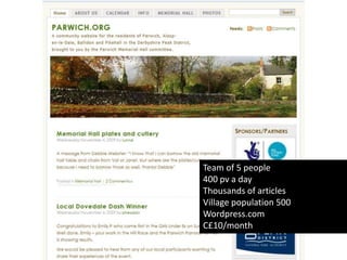 Team of 5 people400 pv a dayThousands of articlesVillage population 500Wordpress.comC£10/month