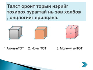 1.АтомынТОТ   2. Ионы ТОТ   3. МолекулынТОТ
 