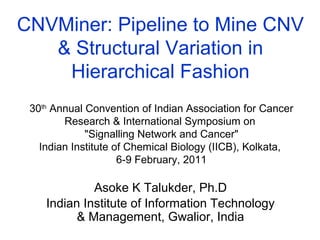 IACR, Kolkata: 6-9 February 2011 © Asoke K Talukder 1/3118th June 20010
CNVMiner: Pipeline to Mine CNV
& Structural Variation in
Hierarchical Fashion
30th
Annual Convention of Indian Association for Cancer
Research & International Symposium on
"Signalling Network and Cancer"
Indian Institute of Chemical Biology (IICB), Kolkata,
6-9 February, 2011
17th December 2009
Asoke K Talukder, Ph.D
Indian Institute of Information Technology
& Management, Gwalior, India
 