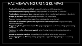 HALIMBAWA NG URI NG KUMPAS
• Palad na itinataas habang nakalahad- nagpapahiwatig ito ng dakilang damdamin.
• Nakataob na palad at biglang ibinababa- nagpapahiwatig ito ng marahas na damdamin.
• Palad na bukas at marahang ibaba- nagpapahiwatig na ito ay mababang uri ng kaisipan o damdamin.
• Kumpas na pasuntok- nagpapahayag ng pagkapoot o galit o pakikilaban.
• Paturong kumpas- nagpapakilala ng panduduro, pagkagalit at panghahamak.
• Nakabukas na palad na magkalayo ang mga daliri at unti-unting ititikom- nagpapahiwatig ng
matimping damdamin.
• Ang palad ay bukas, paharap sa nagsasalita- pagtawag ng pansin sa alinmang bahagi ng katawan ng
nagsasalita.
• Nakaharap sa madla, nakabukas ang palad- ipinahihiwatig nito ang pagtanggi, pagkabahala, at
pagkatakot.
• Kumpas na pahawi o pasaklaw- nagpapahayag ng pagsaklaw sa isang diwa, tao o pook.
• Marahang pagbaba ng dalawang kamay- ginagamit sa pagpapahiwatig ng kabiguan o kawalan ng
lakas.
 