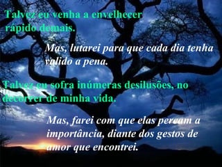 Talvez eu venha a envelhecer rápido demais. Talvez eu sofra inúmeras desilusões, no decorrer de minha vida. Mas, lutarei para que cada dia tenha valido a pena.   Mas, farei com que elas percam a importância, diante dos gestos de amor que encontrei. 