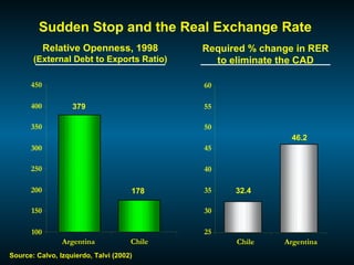 Sudden Stop and the Real Exchange Rate Required % change in RER to eliminate the CAD 25 30 35 40 45 50 55 60 Chile Argentina Source:  Calvo, Izquierdo, Talvi (2002) 32.4 46.2 379 178 100 150 200 250 300 350 400 450 Chile Argentina Relative Openness, 1998 (External Debt to Exports Ratio) 