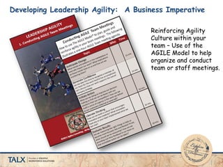 Developing Leadership Agility: A Business Imperative
Reinforcing Agility
Culture within your
team – Use of the
AGILE Model to help
organize and conduct
team or staff meetings.
 