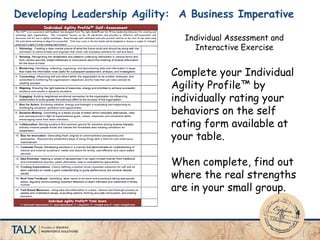 Developing Leadership Agility: A Business Imperative
Complete your Individual
Agility Profile™ by
individually rating your
behaviors on the self
rating form available at
your table.
When complete, find out
where the real strengths
are in your small group.
Individual Assessment and
Interactive Exercise
 