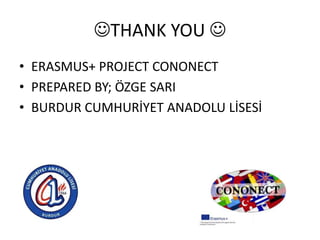 THANK YOU 
• ERASMUS+ PROJECT CONONECT
• PREPARED BY; ÖZGE SARI
• BURDUR CUMHURİYET ANADOLU LİSESİ
 