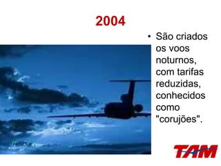 2004
• São criados
os voos
noturnos,
com tarifas
reduzidas,
conhecidos
como
"corujões".
 