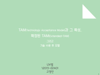 TAM(Technology Acceptance Model)과 그 특성, 
확장된 TAM(Extended-TAM) 
그리고 
기술 수용 후 모델 
UX랩 
2013-22401 
고영인 
1 
 
