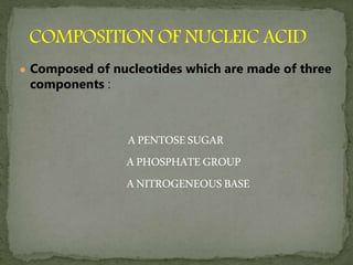 ● Composed of nucleotides which are made of three
components :
APENTOSESUGAR
APHOSPHATE GROUP
ANITROGENEOUSBASE
 