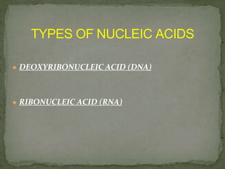 ● DEOXYRIBONUCLEIC ACID (DNA)
● RIBONUCLEIC ACID (RNA)
 