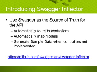 Introducing Swagger Inflector
• Use Swagger as the Source of Truth for
the API
– Automatically route to controllers
– Automatically map models
– Generate Sample Data when controllers not
implemented
https://github.com/swagger-api/swagger-inflector
 