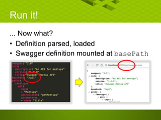 Run it!
... Now what?
• Definition parsed, loaded
• Swagger definition mounted at basePath
 
