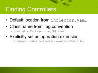 Finding Controllers
• Default location from inflector.yaml
• Class name from Tag convention
– controllerPackage + tag[0].name
• Explicitly set as operation extension
– x-swagger-router-controller: org.your.Controller
 