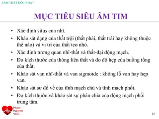 TÂM THẤT ĐỘC NHẤT
12
MỤC TIÊU SIÊU ÂM TIM
• Xác định situs của nhĩ.
• Khảo sát dạng của thất trội (thất phải, thất trái hay không thuộc
thể nào) và vị trí của thất teo nhỏ.
• Xác định tương quan nhĩ-thất và thất-đại động mạch.
• Đo kích thước của thông liên thất và đo độ hẹp của buồng tống
của thất.
• Khảo sát van nhĩ-thất và van sigmoide : không lỗ van hay hẹp
van.
• Khảo sát sự đổ về của tĩnh mạch chủ và tĩnh mạch phổi.
• Đo kích thước và khảo sát sự phân chia của động mạch phổi
trung tâm.
 