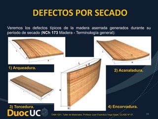 TAM-1201. Taller de Materiales. Profesor Juan Francisco Vega Salas. CLASE Nº 07. 34
DEFECTOS POR SECADO
Veremos los defectos típicos de la madera aserrada generados durante su
período de secado (NCh 173 Madera - Terminología general):
1) Arqueadura.
2) Acanaladura.
4) Encorvadura.3) Torcedura.
 
