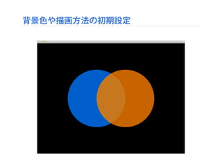 色を指定するには?
#include "testApp.h"
//--------------------------------------------------------------
void testApp::setup(){
}
//--------------------------------------------------------------
void testApp::update(){
}
//--------------------------------------------------------------
void testApp::draw(){
ofSetColor(0, 127, 255, 200);
ofCircle(412, 384, 200);
ofSetColor(255, 127, 0, 200);
ofCircle(612, 384, 200);
}
< 後略 >
 