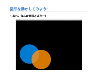 #pragma once
#include "ofMain.h"
class testApp : public ofBaseApp{
!
public:
! void setup();
! void update();
! void draw();
!
! void keyPressed (int key);
! void keyReleased(int key);
! void mouseMoved(int x, int y );
! void mouseDragged(int x, int y, int button);
! void mousePressed(int x, int y, int button);
! void mouseReleased(int x, int y, int button);
! void windowResized(int w, int h);
! void dragEvent(ofDragInfo dragInfo);
! void gotMessage(ofMessage msg);
!
! int rotation;
};
図形を動かしてみよう!
‣ testApp.h を編集
追加
 
