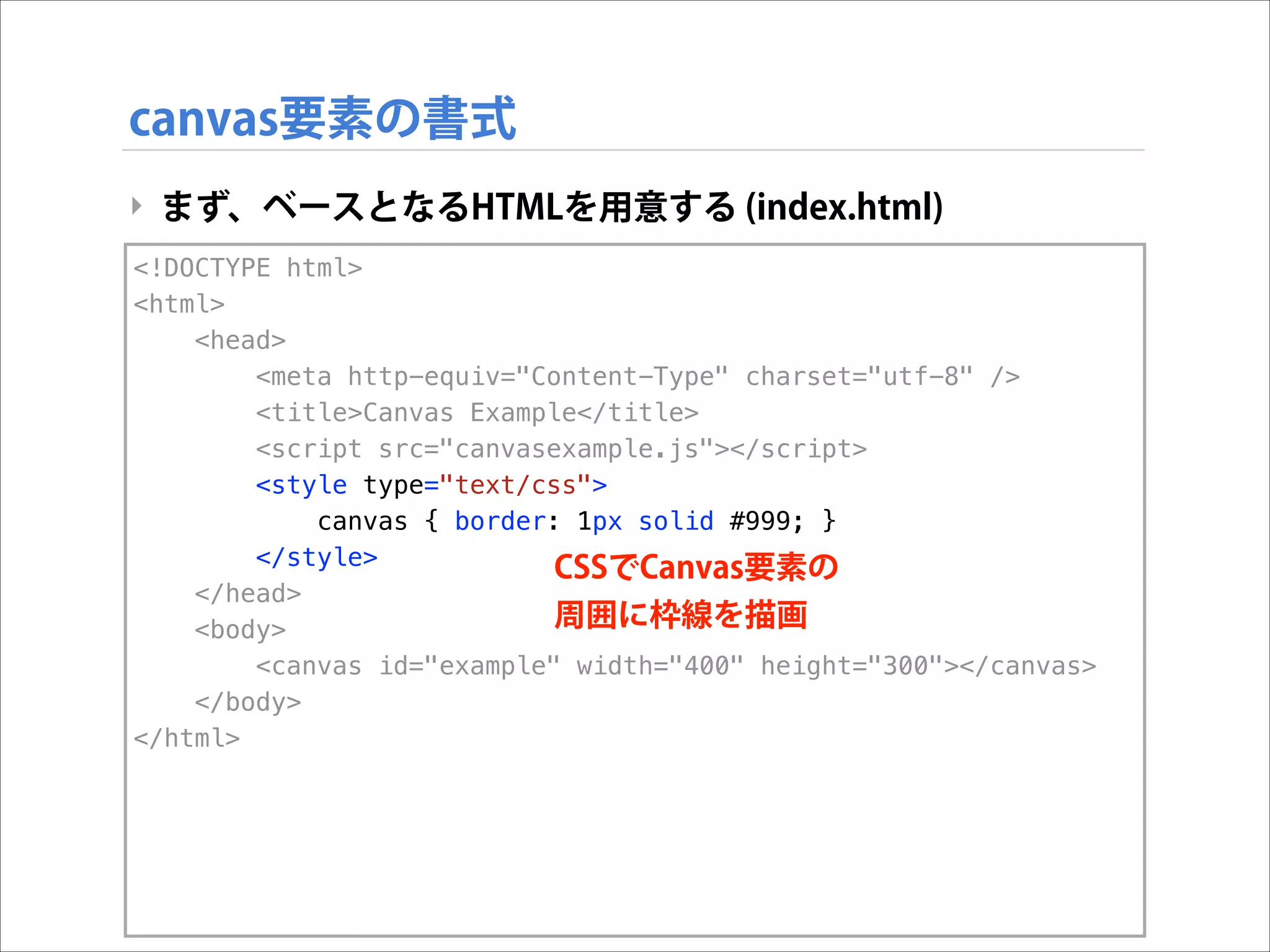 canvas要素の書式
‣ まず、ベースとなるHTMLを用意する (index.html)
<!DOCTYPE html>
<html>
<head>
<meta http-equiv="Content-Type" charset="utf-8" />
<title>Canvas Example</title>
<script src="canvasexample.js"></script>
<style type="text/css">
canvas { border: 1px solid #999; }
</style>
CSSでCanvas要素の
</head>
周囲に枠線を描画
<body>
<canvas id="example" width="400" height="300"></canvas>
</body>
</html>

 
