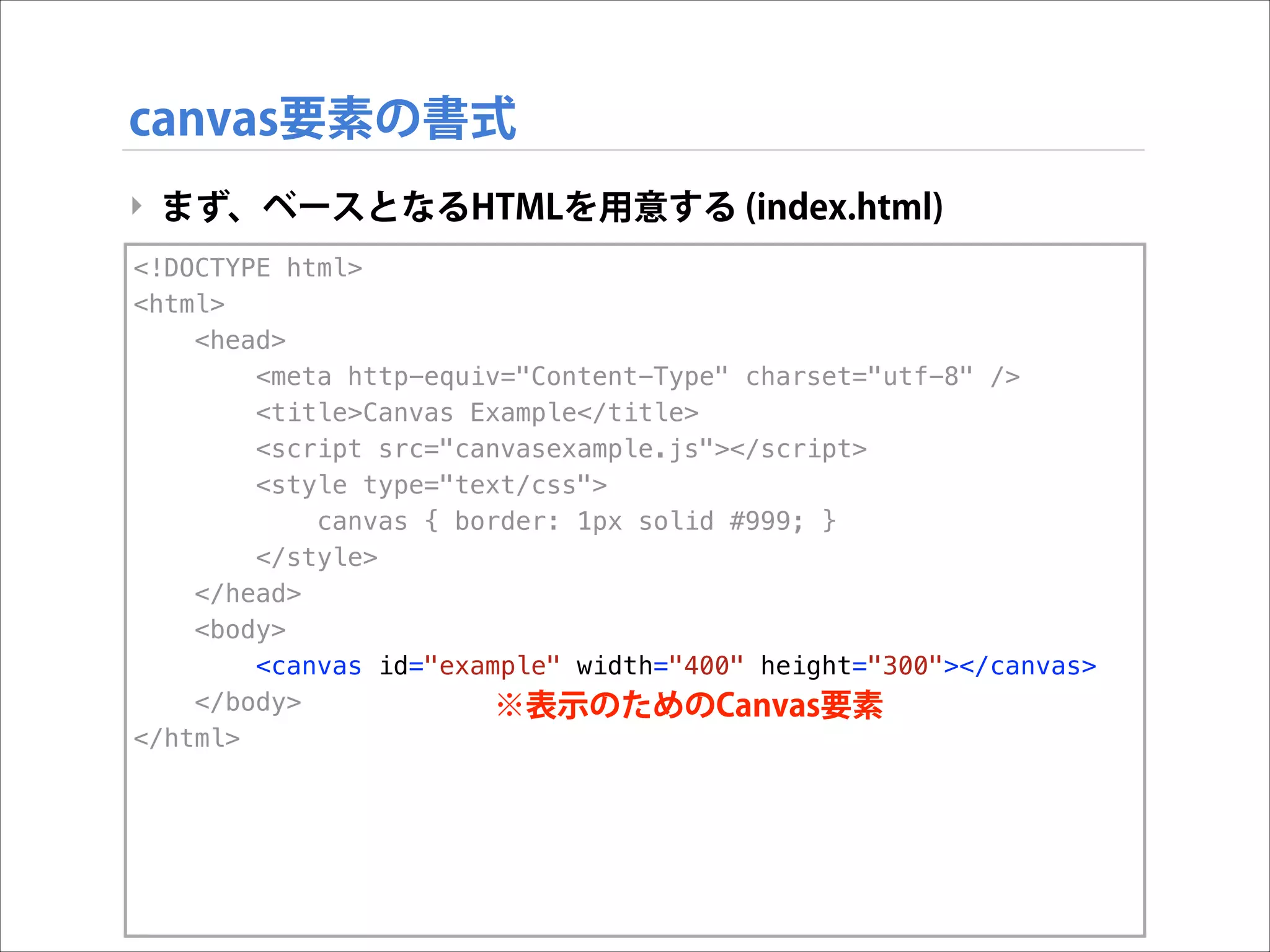 canvas要素の書式
‣ まず、ベースとなるHTMLを用意する (index.html)
<!DOCTYPE html>
<html>
<head>
<meta http-equiv="Content-Type" charset="utf-8" />
<title>Canvas Example</title>
<script src="canvasexample.js"></script>
<style type="text/css">
canvas { border: 1px solid #999; }
</style>
</head>
<body>
<canvas id="example" width="400" height="300"></canvas>
</body>
※表示のためのCanvas要素
</html>

 