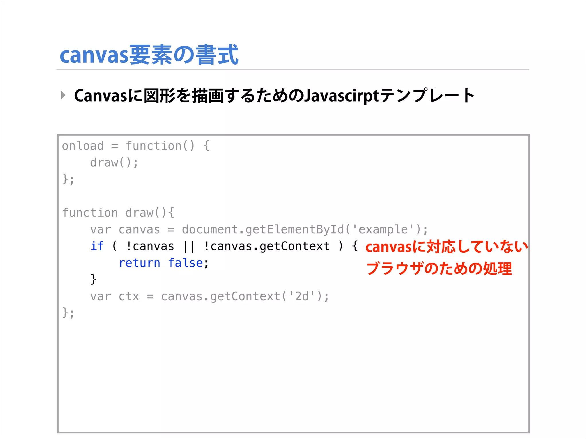 canvas要素の書式
‣ Canvasに図形を描画するためのJavascirptテンプレート
onload = function() {
draw();
};

!

function draw(){
var canvas = document.getElementById('example');
if ( !canvas || !canvas.getContext ) { canvasに対応していない
return false;
ブラウザのための処理
}
var ctx = canvas.getContext('2d');
};

 