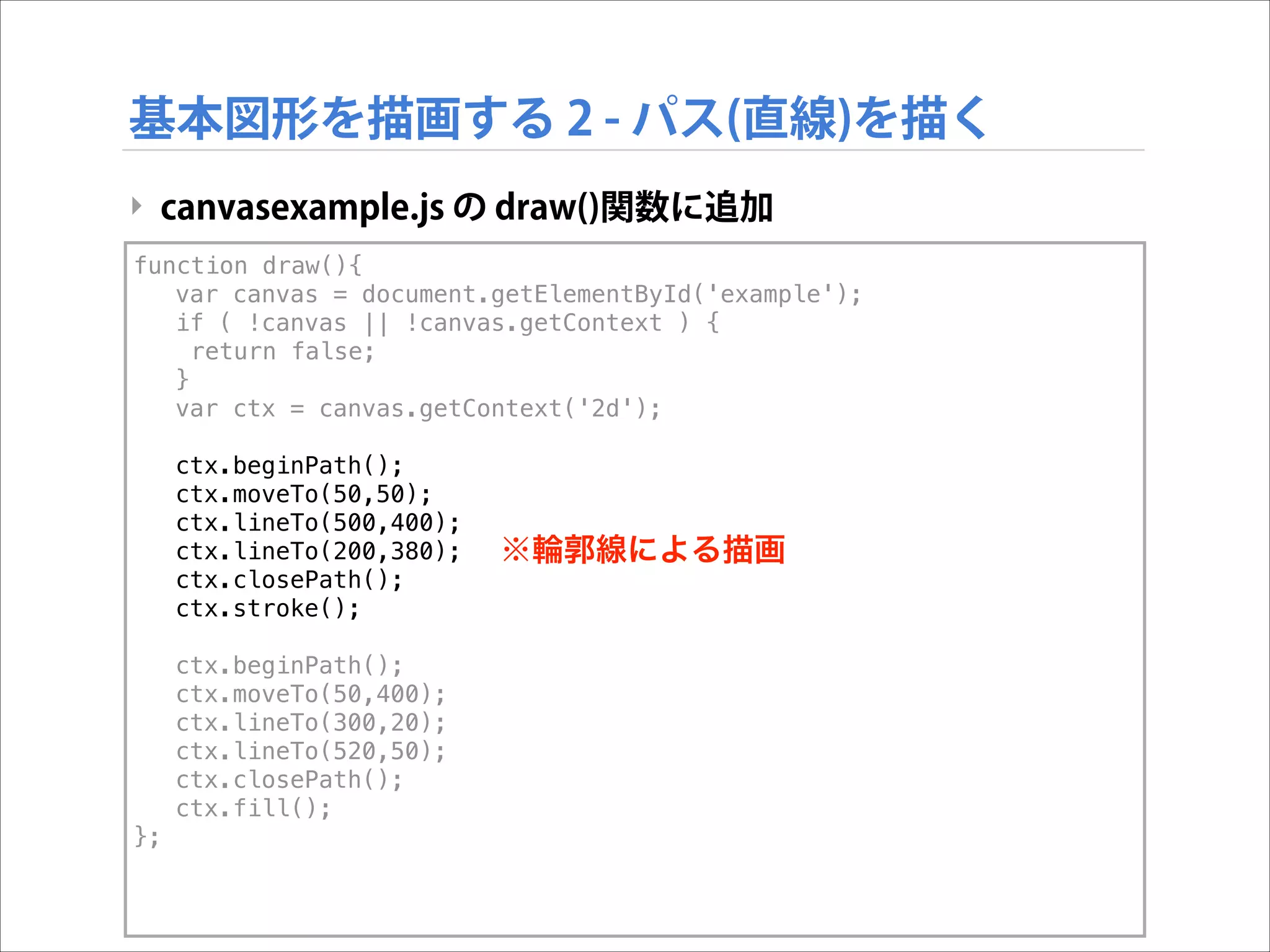 基本図形を描画する 2 - パス(直線)を描く
‣ canvasexample.js の draw()関数に追加
function draw(){
var canvas = document.getElementById('example');
if ( !canvas || !canvas.getContext ) {
return false;
}
var ctx = canvas.getContext('2d');
ctx.beginPath();
ctx.moveTo(50,50);
ctx.lineTo(500,400);
ctx.lineTo(200,380);
ctx.closePath();
ctx.stroke();
ctx.beginPath();
ctx.moveTo(50,400);
ctx.lineTo(300,20);
ctx.lineTo(520,50);
ctx.closePath();
ctx.fill();
};

※輪郭線による描画

 