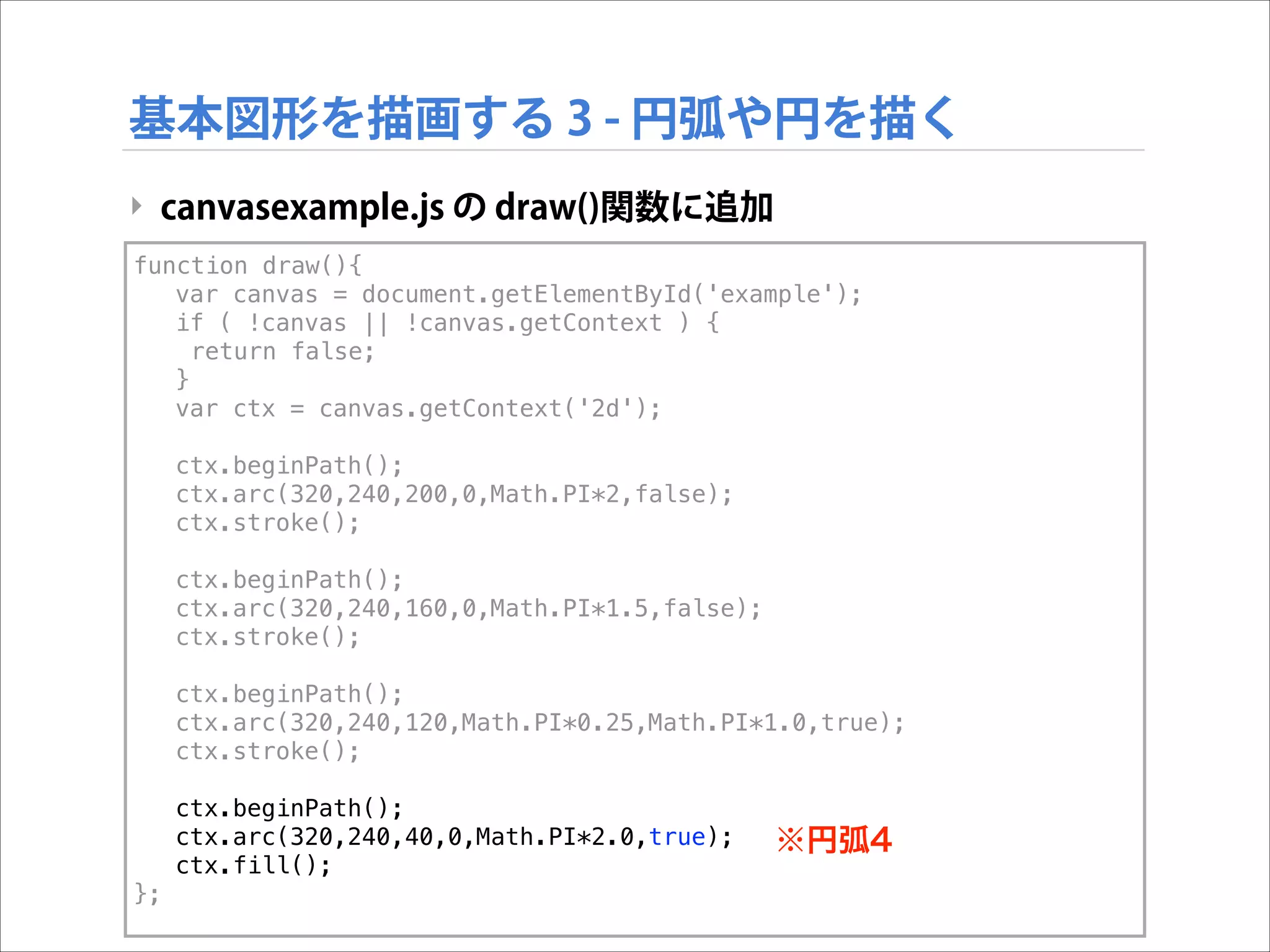 基本図形を描画する 3 - 円弧や円を描く
‣ canvasexample.js の draw()関数に追加
function draw(){
var canvas = document.getElementById('example');
if ( !canvas || !canvas.getContext ) {
return false;
}
var ctx = canvas.getContext('2d');
ctx.beginPath();
ctx.arc(320,240,200,0,Math.PI*2,false);
ctx.stroke();
ctx.beginPath();
ctx.arc(320,240,160,0,Math.PI*1.5,false);
ctx.stroke();
ctx.beginPath();
ctx.arc(320,240,120,Math.PI*0.25,Math.PI*1.0,true);
ctx.stroke();
ctx.beginPath();
ctx.arc(320,240,40,0,Math.PI*2.0,true);
ctx.fill();
};

※円弧4

 