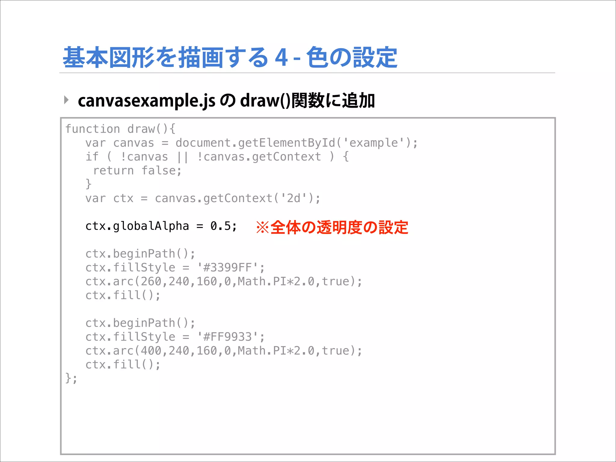 基本図形を描画する 4 - 色の設定
‣ canvasexample.js の draw()関数に追加
function draw(){
var canvas = document.getElementById('example');
if ( !canvas || !canvas.getContext ) {
return false;
}
var ctx = canvas.getContext('2d');
ctx.globalAlpha = 0.5;

※全体の透明度の設定

ctx.beginPath();
ctx.fillStyle = '#3399FF';
ctx.arc(260,240,160,0,Math.PI*2.0,true);
ctx.fill();
ctx.beginPath();
ctx.fillStyle = '#FF9933';
ctx.arc(400,240,160,0,Math.PI*2.0,true);
ctx.fill();
};

 